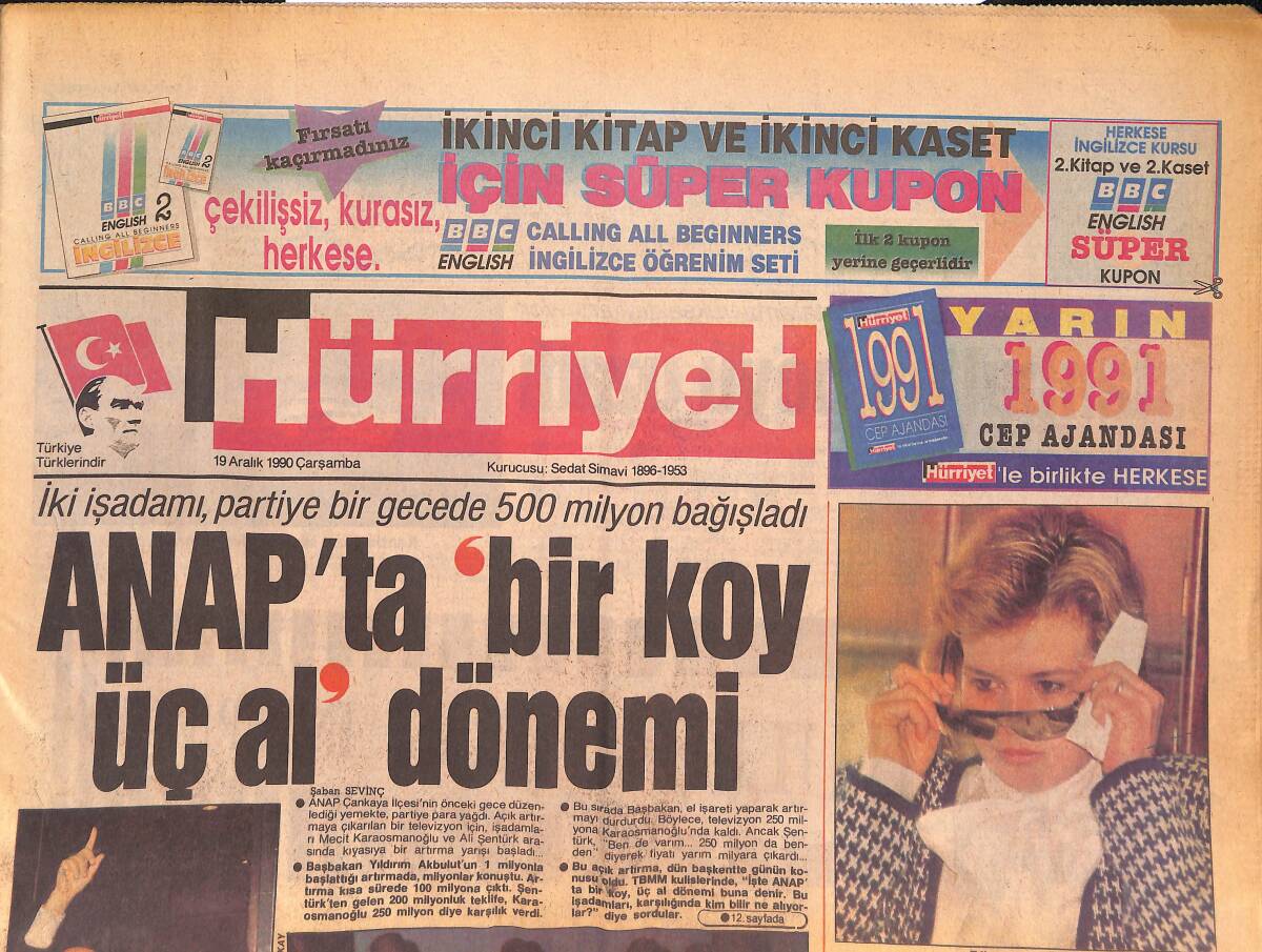 Hürriyet Gazetesi 19 Aralık 1990 - Asil Nadir , Kefaleti Dün de Yetiştiremedi - Saddam : '' Türkiye'yi Tehdit Etmiyoruz '' GZ133120 - 1