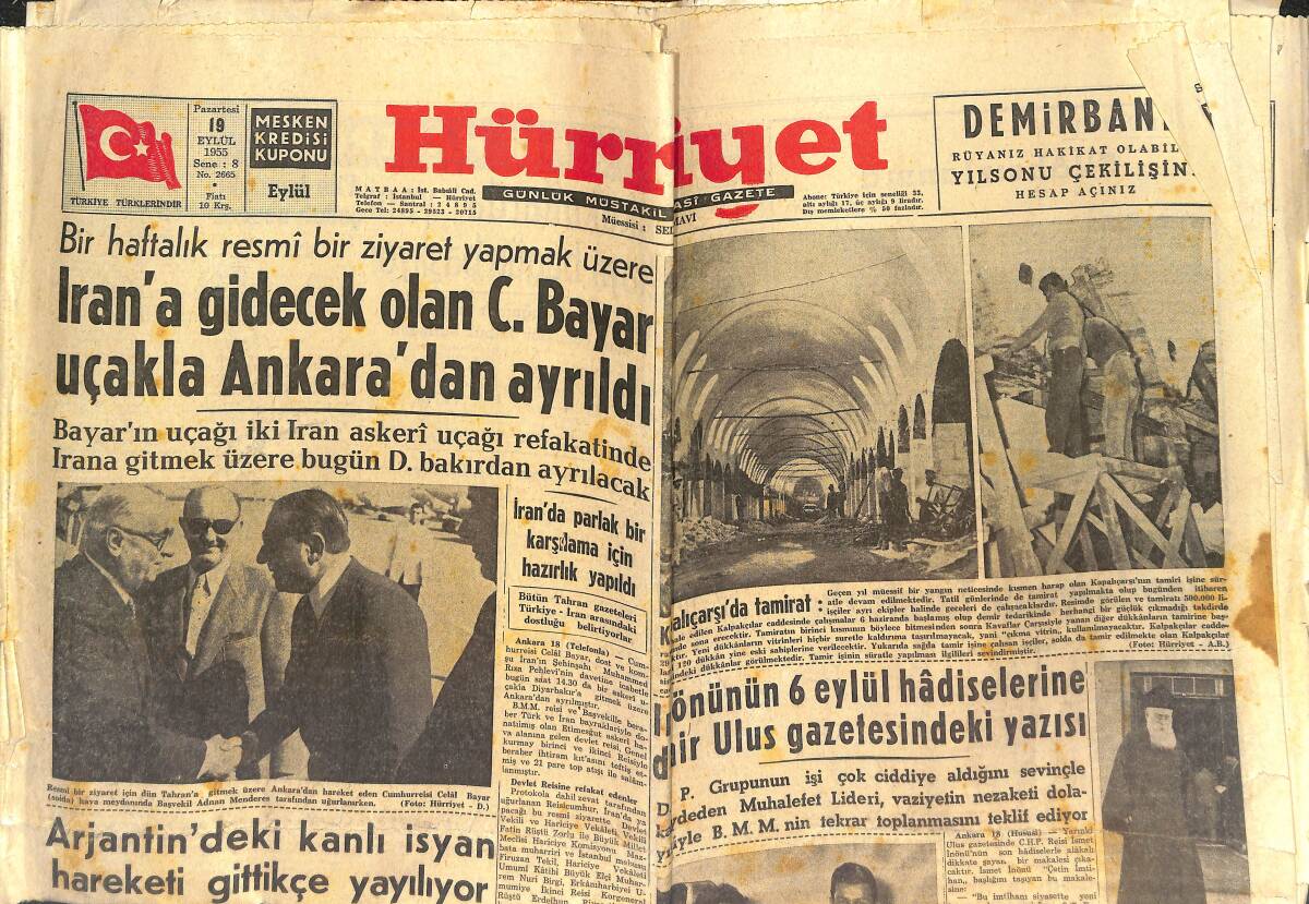 Hürriyet Gazetesi 19 Eylül 1955 - İran'a Gidecek Olan C. Bayar Uçakla Ankara'dan Ayrıldı - Arjantin'deki Kanlı İsyan Hareketi Gittikçe Yayılıyor GZ142332 - 1
