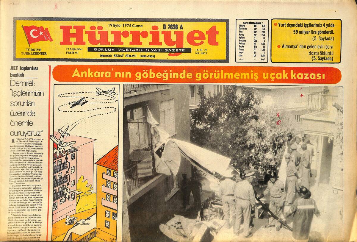 Hürriyet Gazetesi 19 Eylül 1975 - Yazık Oldu Galatasaray'a - Ankara'nın Göbeğinde Görülmemiş Uçak Kazası GZ157526 - 1