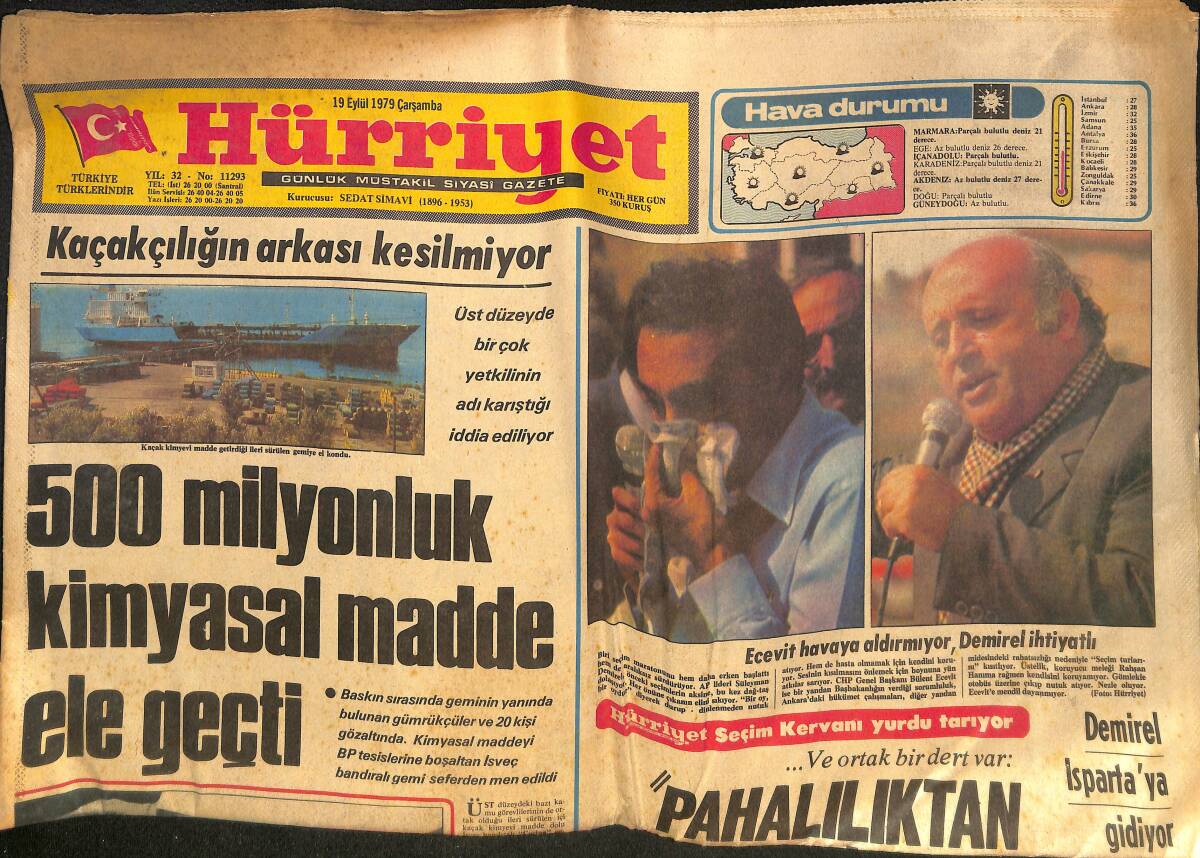 Hürriyet Gazetesi 19 Eylül 1979 - Ecevit Havayı Aldırmıyor, Demirel İhtiyatlı - Nükhet Duru : En Fazla Vergiyi Ben Ödeyeceğim GZ133386 - 1