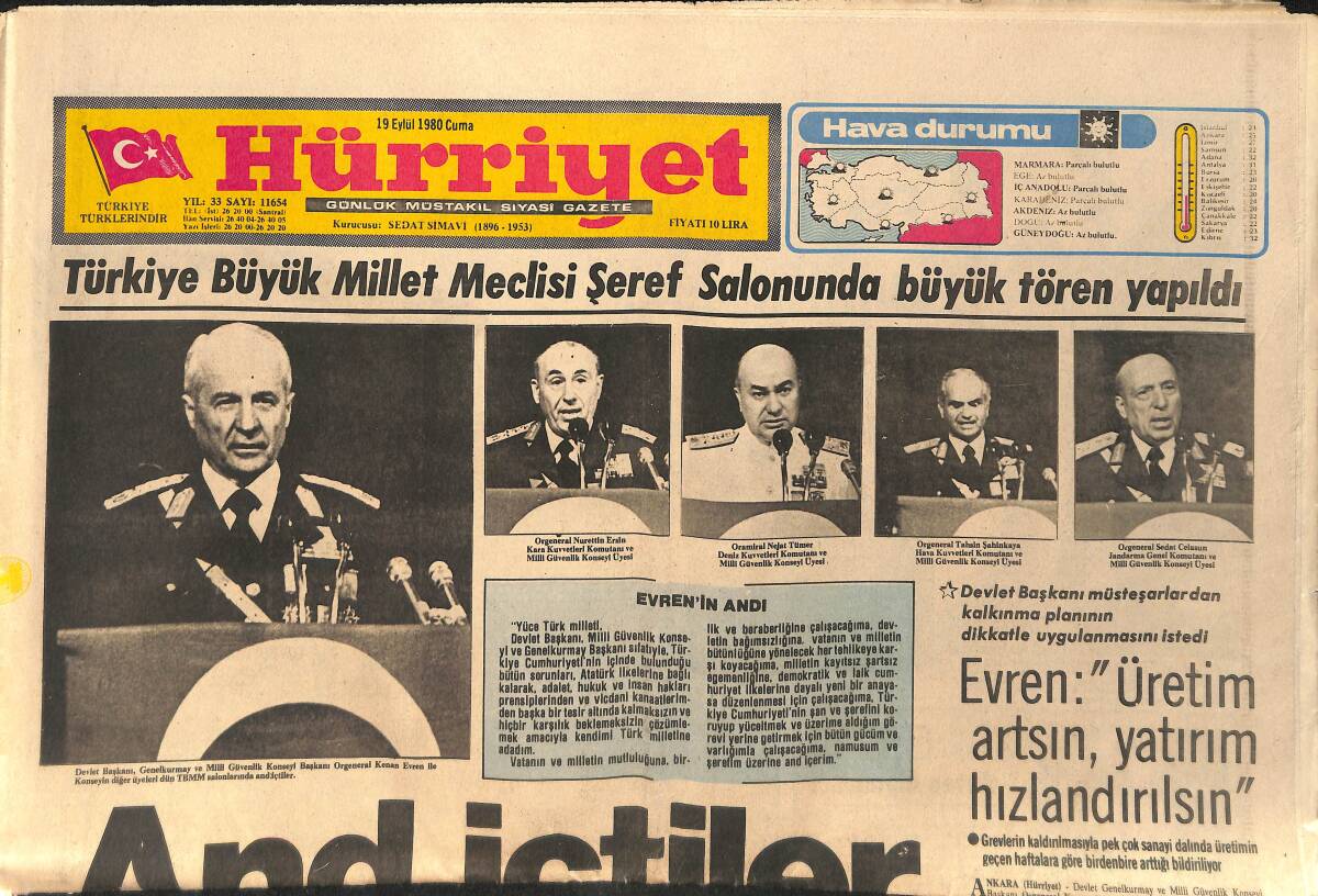 Hürriyet Gazetesi 19 Eylül 1980 - Devlet Başkanı Orgeneral Kenan Evren Ve Milli Güvenlik Konseyi Tek Tek And İçti - Galatasaray da Bülent Eken Dönemi GZ153503 - 1