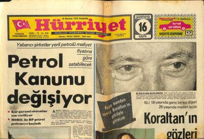 Hürriyet Gazetesi 19 Haziran 1974 - Petrol Kanunu Değişiyor GZ99259 - 1