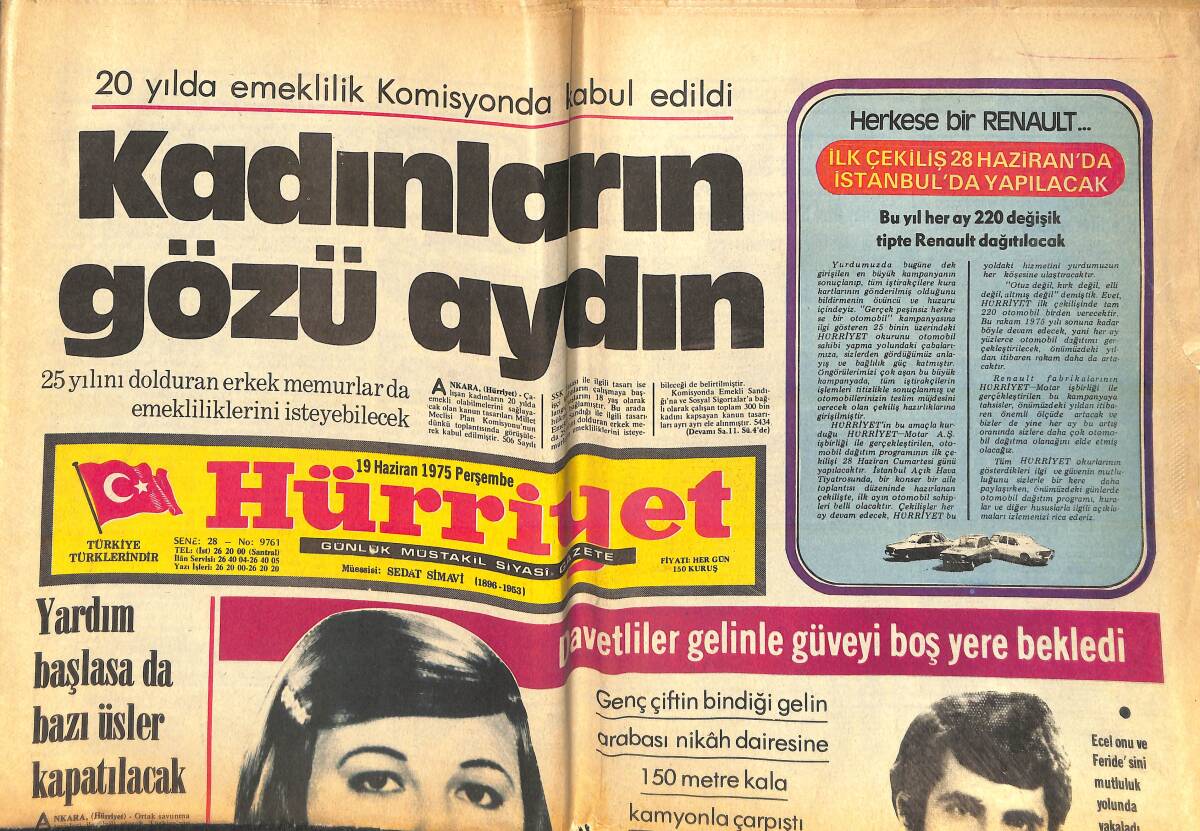 Hürriyet Gazetesi 19 Haziran 1975 - Öztürk Serengil Libya'ya Her Ay 51 Sanatçı Götürecek - Galatasaray'da Sorun Büyük GZ157089 - 1
