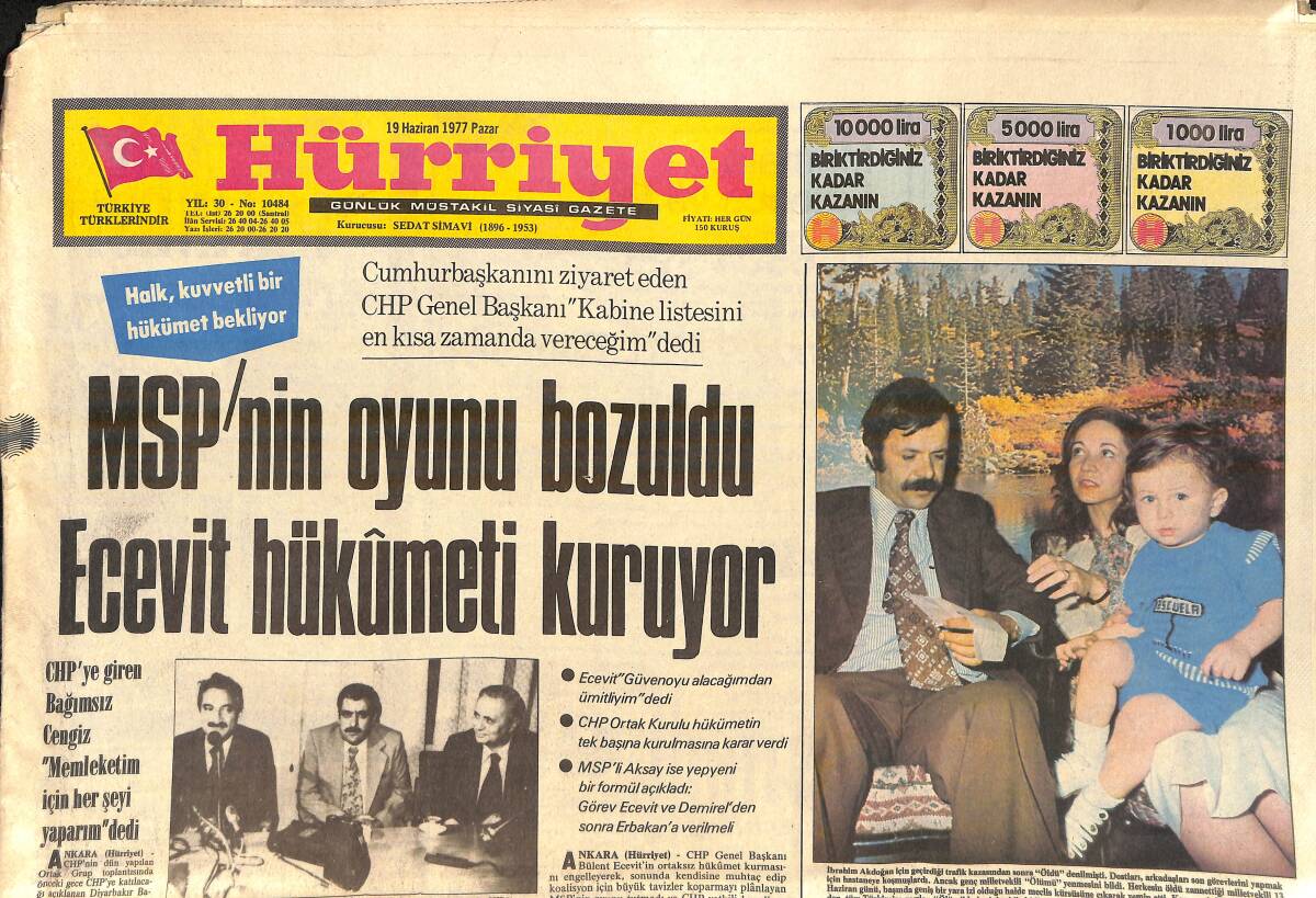 Hürriyet Gazetesi 19 Haziran 1977 - MSP'nin Oyunu Bozuldu Ecevit Hükümeti Kuruyor - Koç: Liderlerin Kavgası Bütün Yurdu Etkiliyor GZ156651 - 1