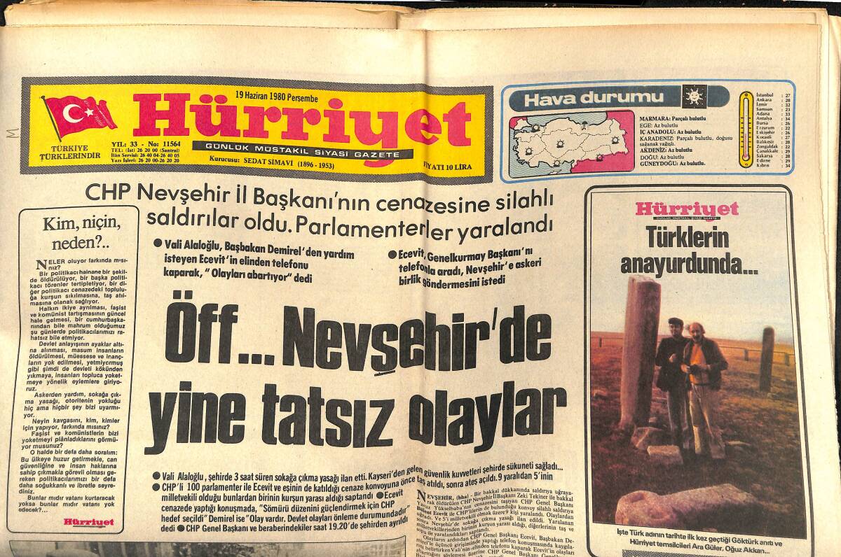 Hürriyet Gazetesi 19 Haziran 1980 - Sıkıyönetim İki Ay Daha Uzatıldı - Taner Şener 2,5 Yıl Sonra Altı Eserle Ekrana Geliyor GZ147056 - 1