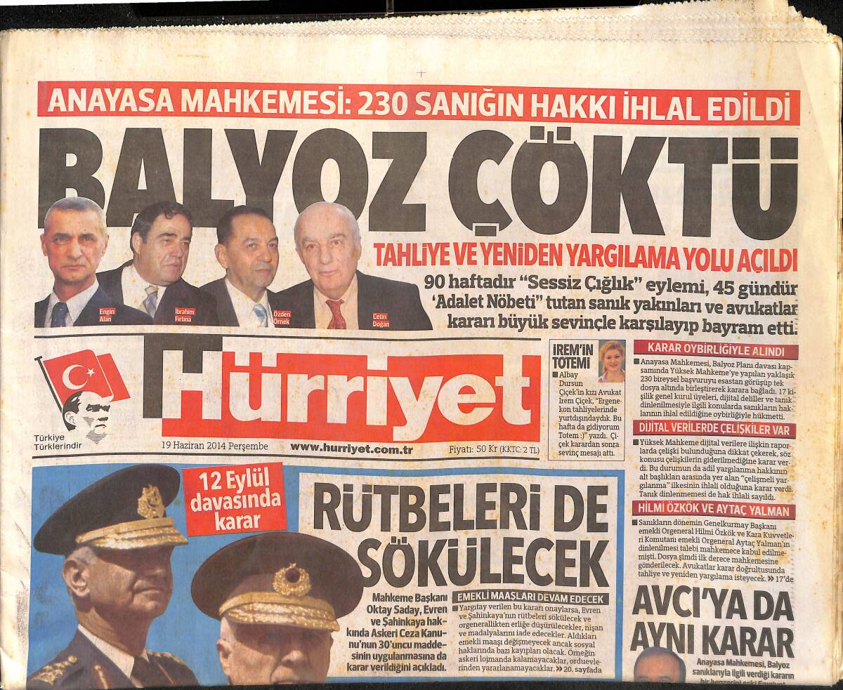 Hürriyet Gazetesi 19 Haziran 2014 - Anayasa Mahkemesi : 230 Sanığın Hakkı İhlal Edildi - Monica Bellucci Türkiye'de Davacı GZ159595 - 1