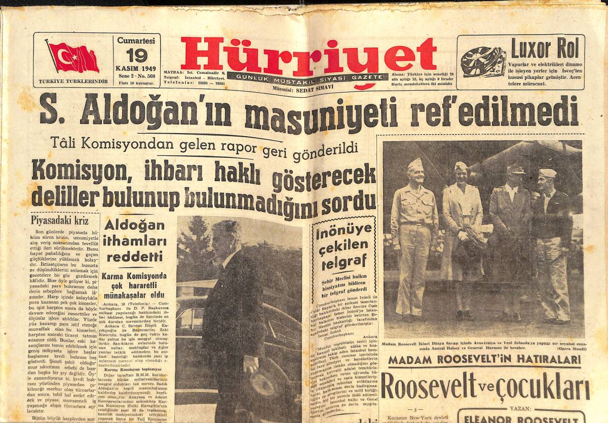 Hürriyet Gazetesi 19 Kasım 1949 - Madam Roosevelt'in Hatıraları, Roosevelt Ve Çocukları - Şah'ın Amerika'da Yaptığı Temaslar GZ146626 - 1