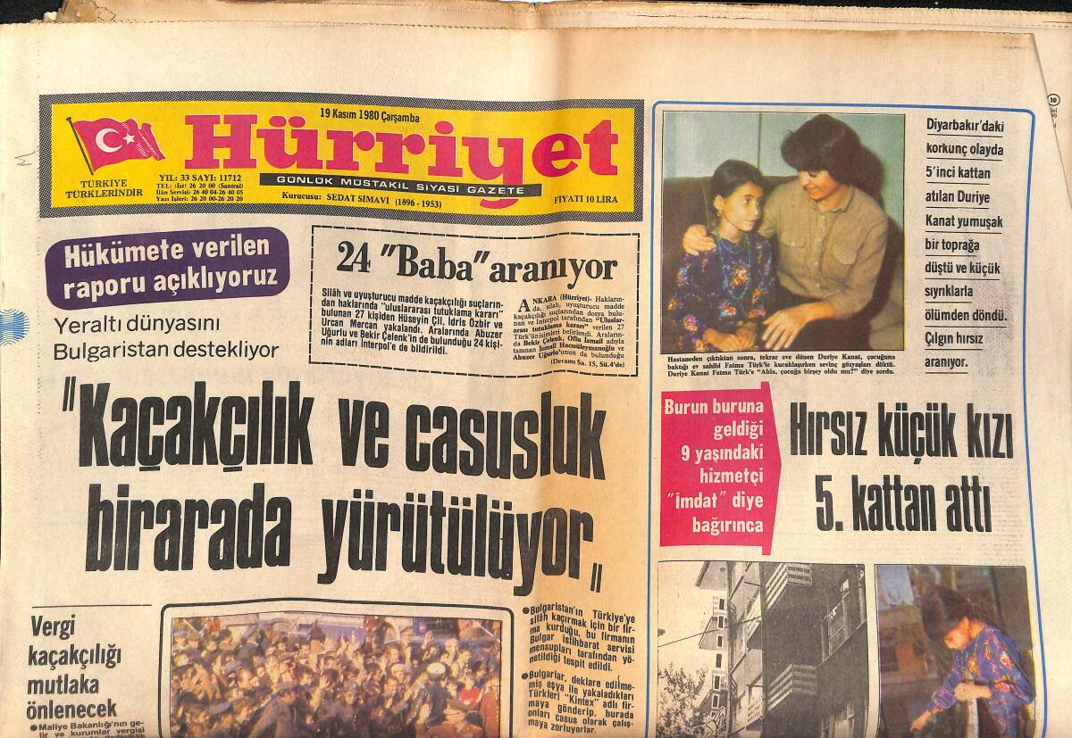 Hürriyet Gazetesi 19 Kasım 1980 - Vergi Kaçakçılığı Mutlaka Önlenecek - Evren : Anarşinin Kökünü Kazıyacağız GZ146994 - 1