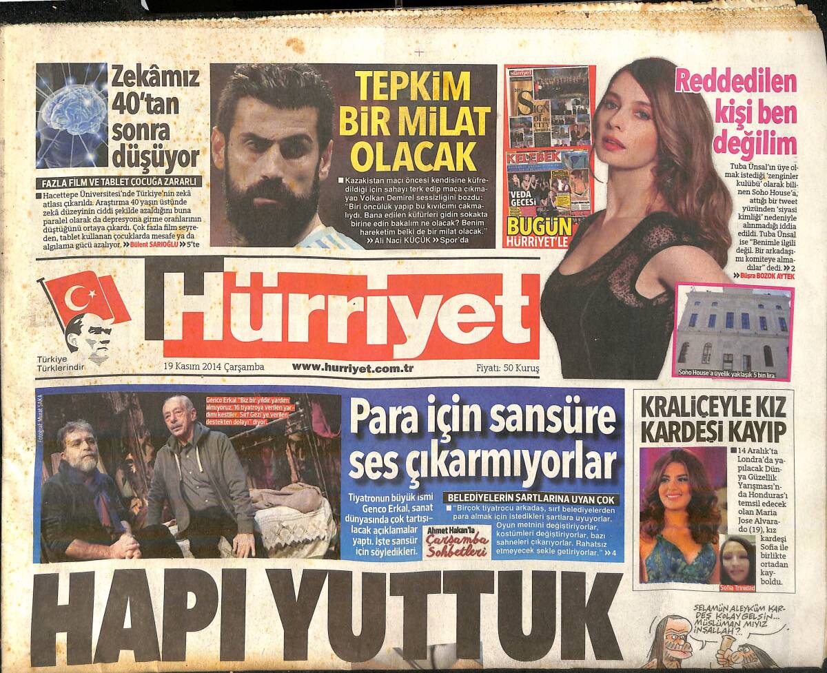 Hürriyet Gazetesi 19 Kasım 2014 - Volkan Demirel ''Tepkim Bir Milat Olacak'' - Kudüs'te Yine Kan Aktı GZ159687 - 1