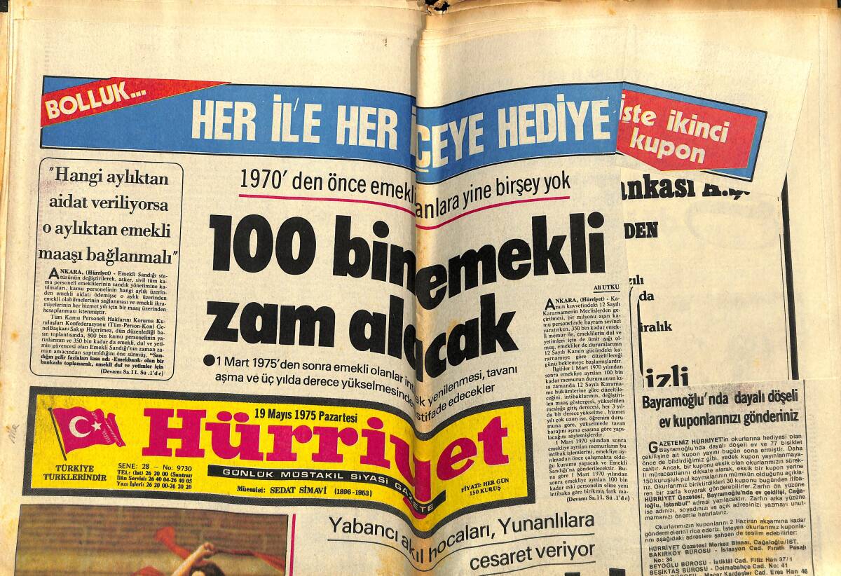 Hürriyet Gazetesi 19 Mayıs 1975 - 1970'den Önce Emekli Olanlara Yine Bir Şey Yok - Dış Politikada Yoğun Bir Hafta Başlıyor GZ143359 - 1