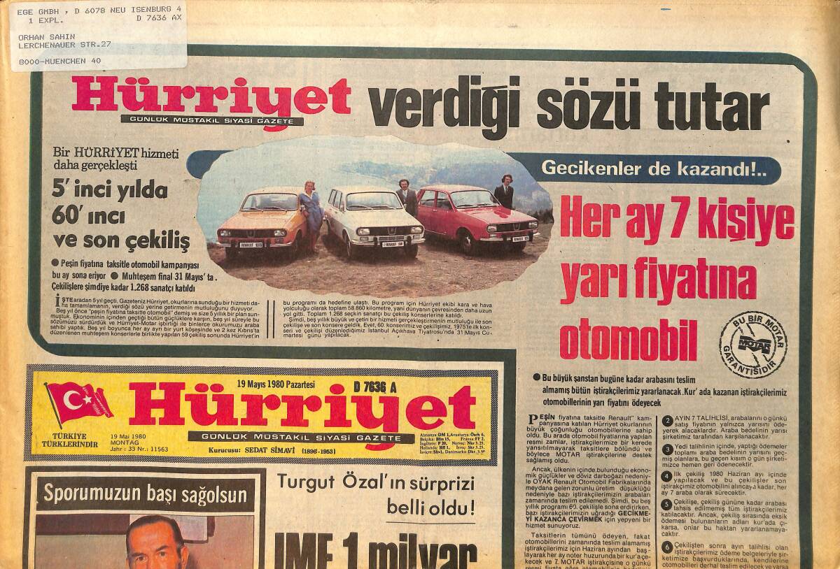 Hürriyet Gazetesi 19 Mayıs 1980 - Türk Sinemasının Kraliçesi Türkân Şoray , Kendisini Bir Sevgi Denizinin Ortasında Buldu GZ157766 - 1