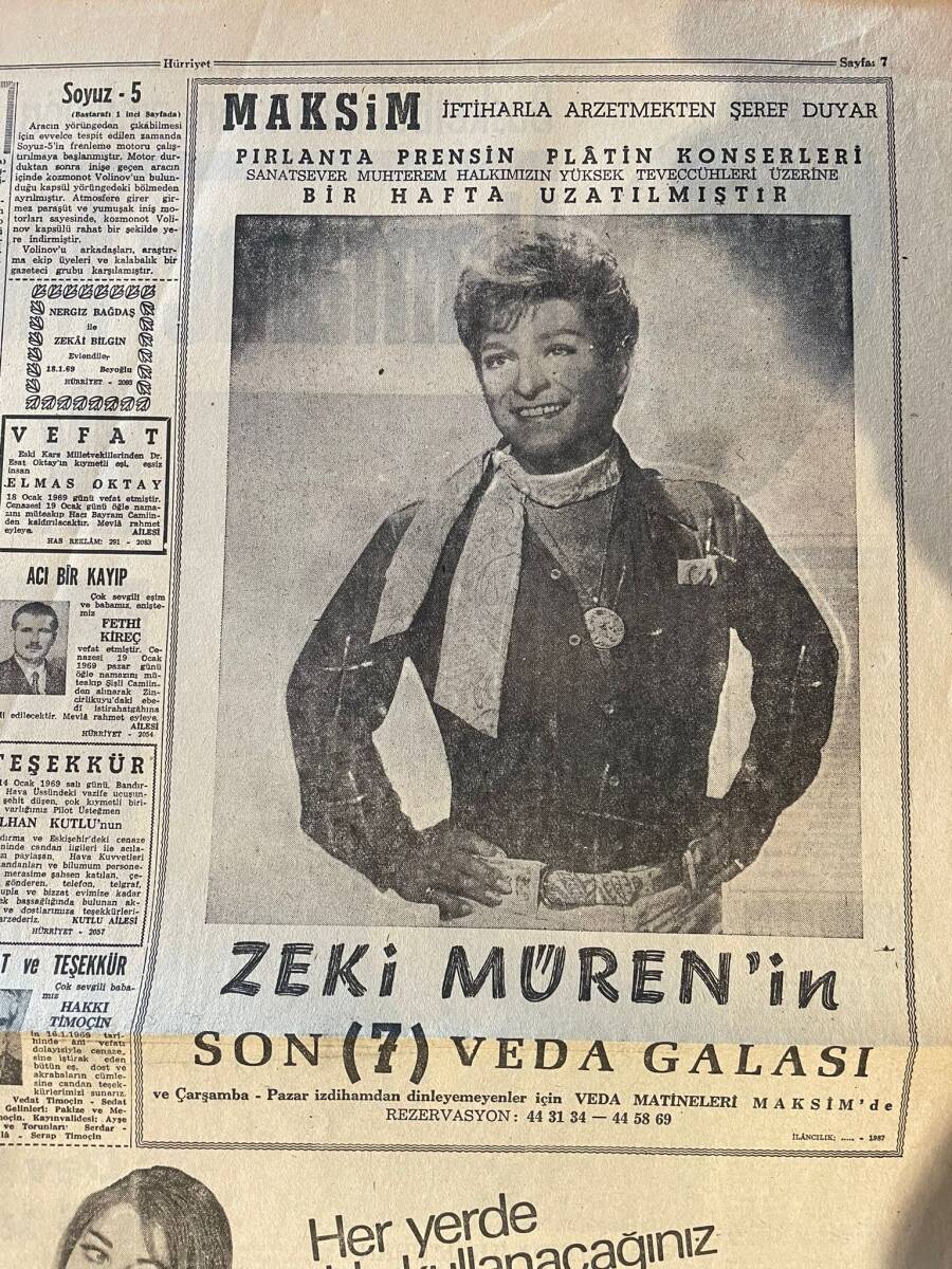 Hürriyet Gazetesi 19 Ocak 1969 - Zeki Müren'in Son 7 Veda Galası - 2 Metrelik Malatyalı Mustafa İstanbul'da GZ146447 - 2