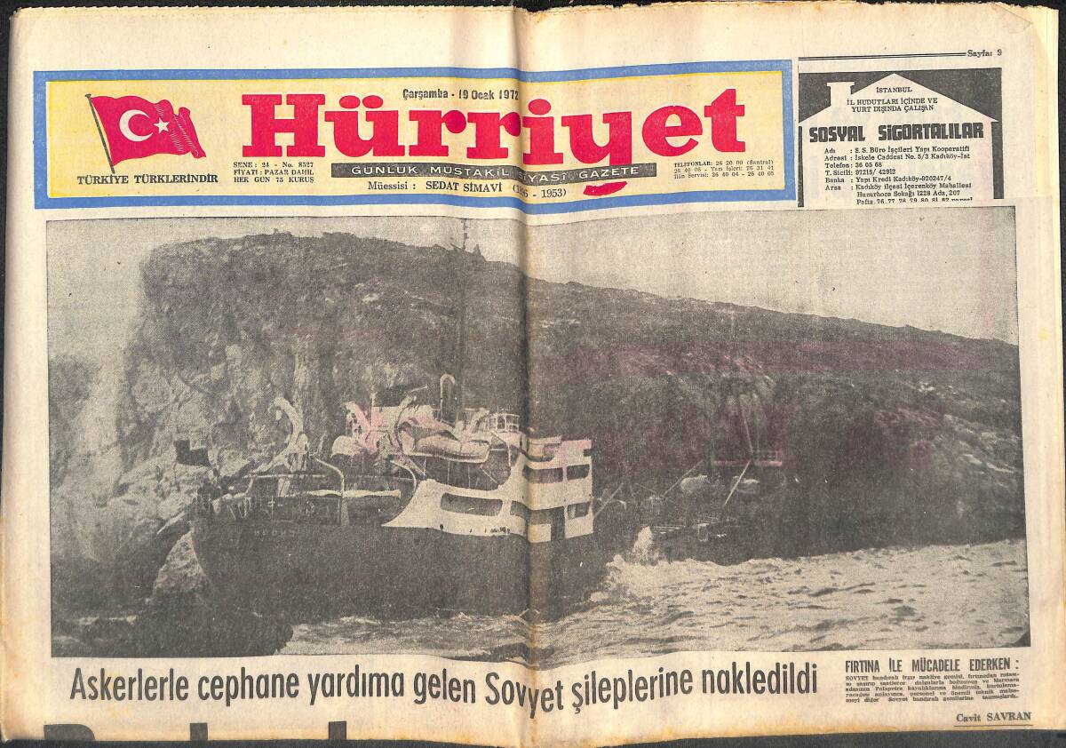 Hürriyet Gazetesi 19 Ocak 1972 - Ruslar , Karaya Vuran Gemiyi Terk Etti - Erim'in Paris Gezisi Bugün Başlıyor GZ142691 - 1