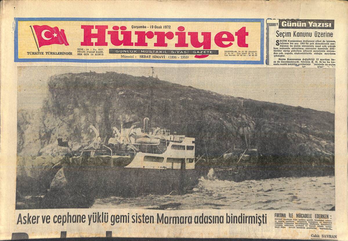 Hürriyet Gazetesi 19 Ocak 1972 - Ruslar Karaya Vuran Gemiyi Terk Etti - Kamacı: Çocuk Çolukla Uğraşamam GZ156944 - 1