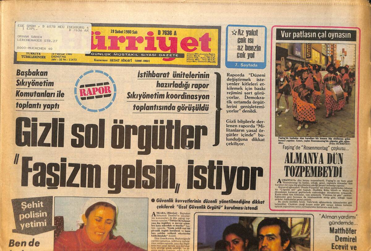 Hürriyet Gazetesi 19 Şubat 1980 - THY'de Grev - Almanya Dün Tozpembeydi GZ157706 - 1