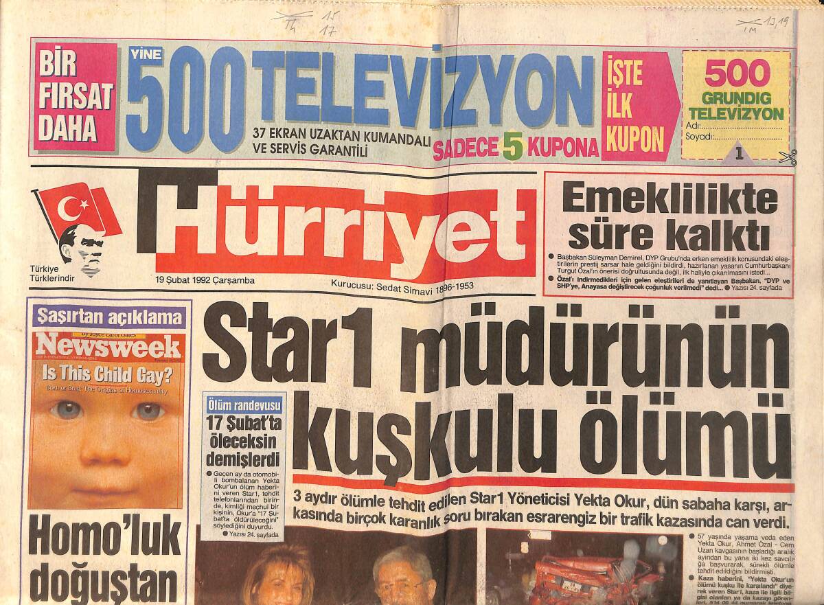 Hürriyet Gazetesi 19 Şubat 1992 - Diyarbakır'da Dergi Basıp Gazeteci Öldürdüler - Hülya Avşar - Barış Manço - Vehbi Koç GZ154373 - 1