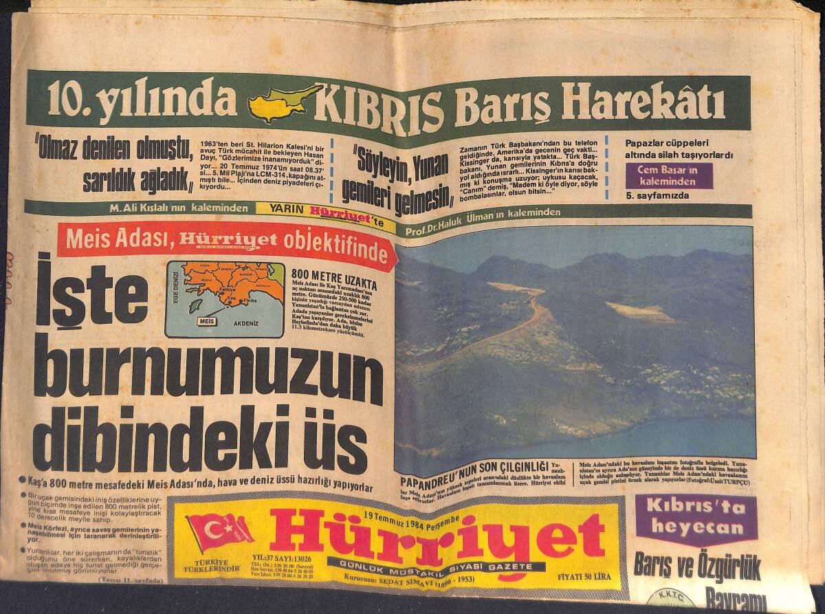 Hürriyet Gazetesi 19 Temmuz 1984 - Özal, Kabinede Değişiklik Yok - Papazlar Adaya Cüppeleri Altında Silah Taşıyor GZ132663 - 1