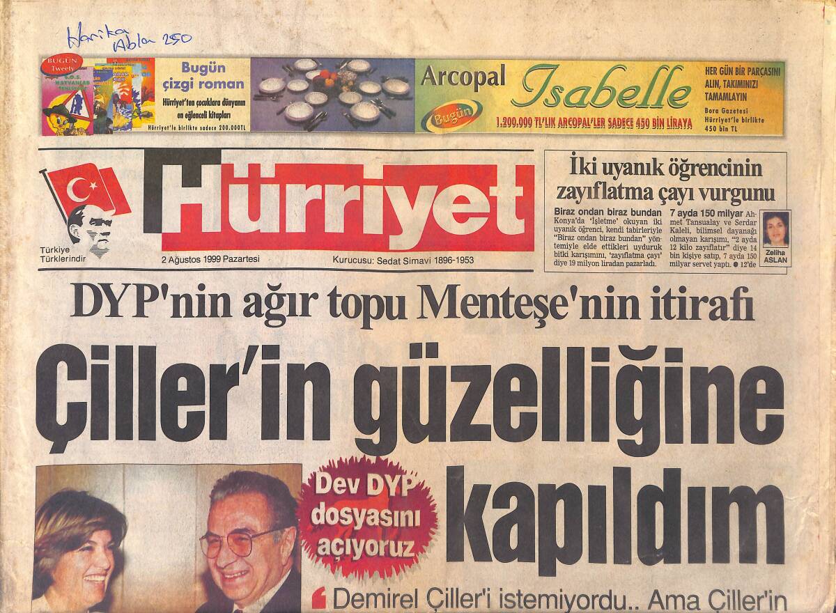 Hürriyet Gazetesi 2 Ağustos 1999 - Menteşe'nin İtirafı: Çiller'in Güzelliğine Kapıldım - Ebru Gündeş'i Kızdıracak Kulüp GZ2984 - 1
