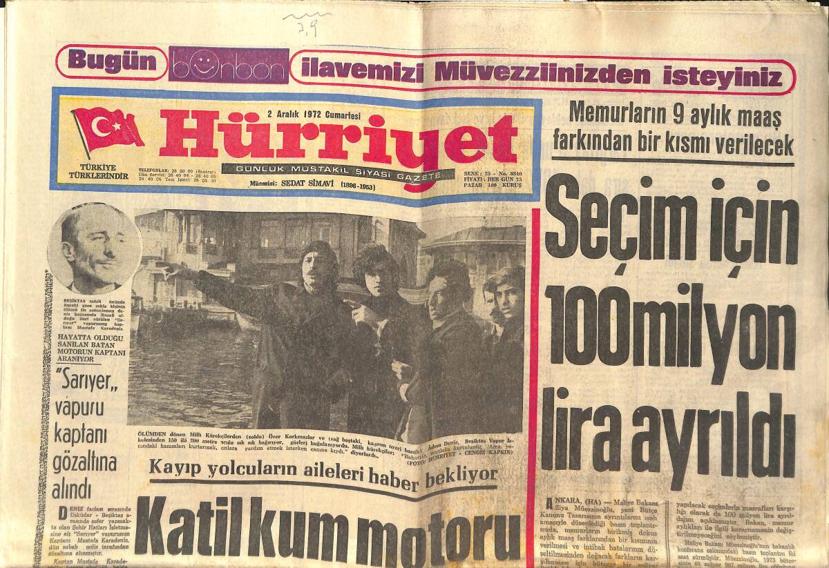 Hürriyet Gazetesi 2 Aralık 1972 - Mark Spitz, Sevgilisi Ursula Andress Uğruna Bıyığını Kesti - Müzeyyen Senar: Zeki Müren'i İlk Dinlediğimde Ağladım GZ146904 - 1