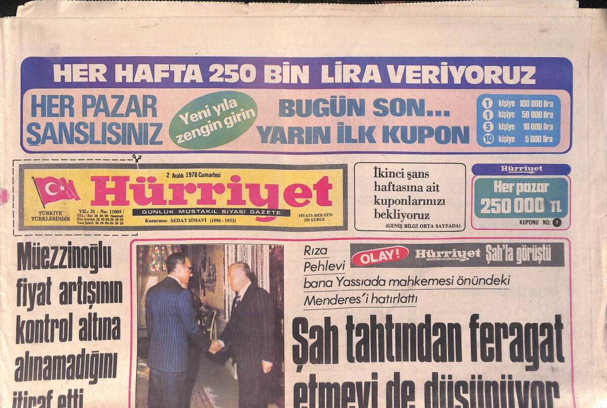 Hürriyet Gazetesi 2 Aralık 1978 - Şah Tahtından Feragat Etmeyi De Düşünüyor - Başına Vurulan Gazeteci Polatkan Öldü GZ157074 - 1