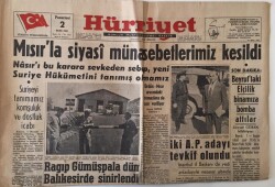 Hürriyet Gazetesi 2 Ekim 1961 - Mısırla Siyasi Münasebetlerimiz Kesildi - GZ16463 - 2