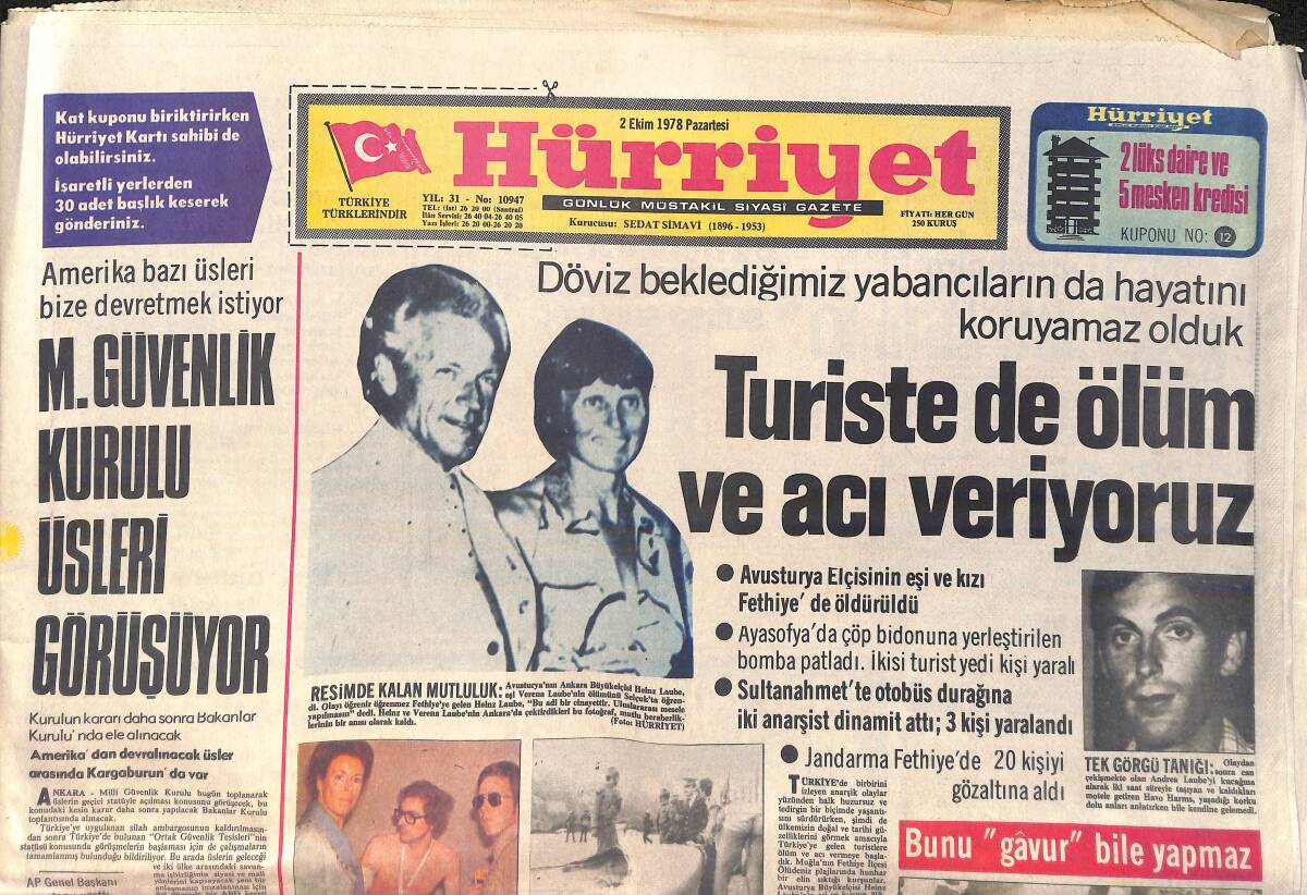 Hürriyet Gazetesi 2 Ekim 1978 - Sirkeci Araba Vapurunda Bomba Patladı - Avusturya Elçisinin Eşi ve Kızı Fethiye'de Öldürüldü GZ157040 - 1