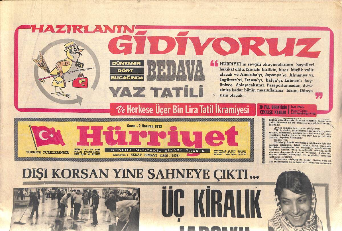 Hürriyet Gazetesi 2 Haziran 1972 - Dişi Korsan Yine Sahneye Çıktı: Leyla Halit - Raquel Welch Boşandı - Prens Charles'ı Evlenememek Tehdit Ediyor GZ156992 - 1