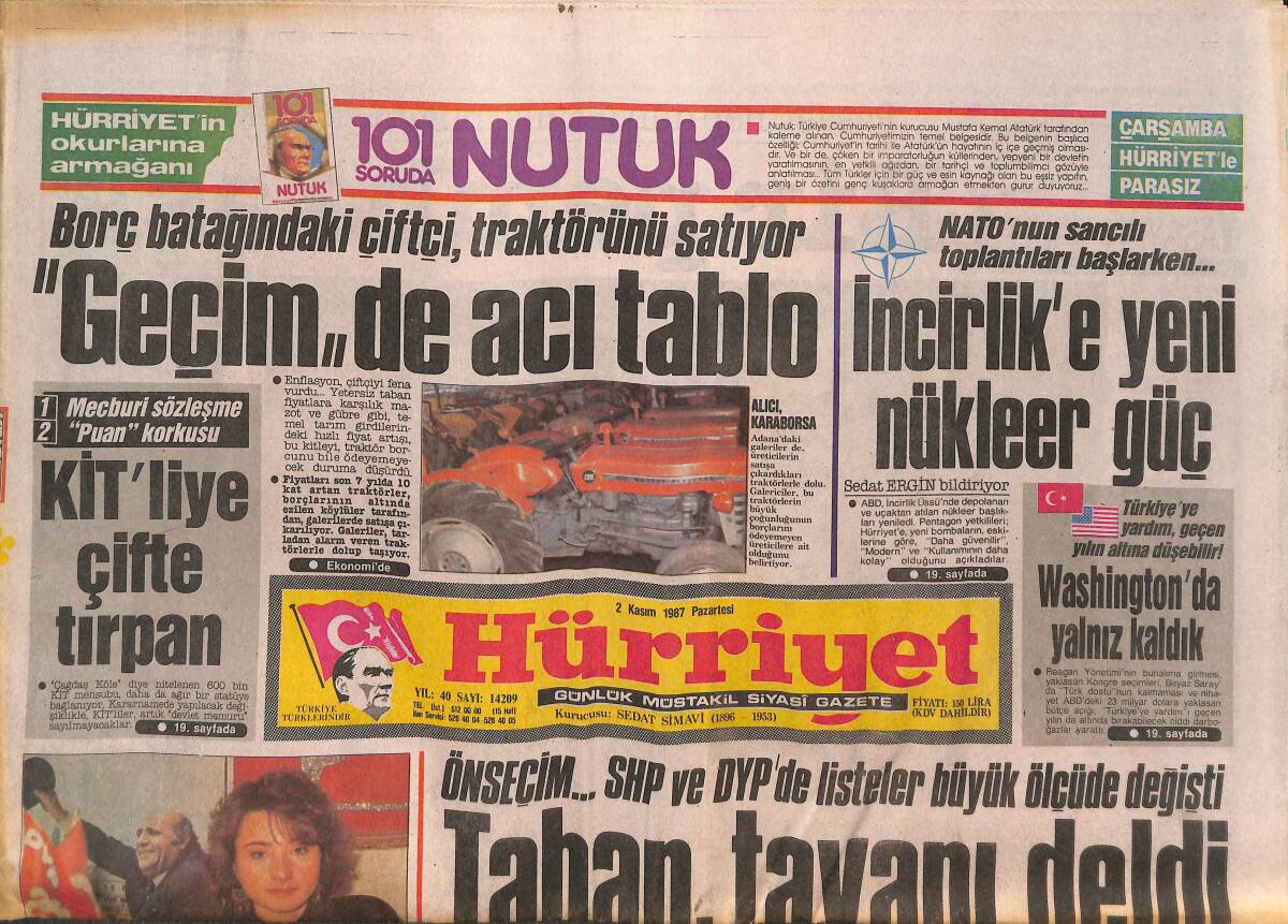 Hürriyet Gazetesi 2 Kasım 1987 - Galatasaray Zirve Mücadelesinde Seyirciyi Final Gibi Geçti - İncirlik'e Yeni Nükleer Güç GZ142059 - 1