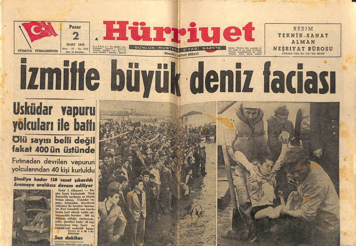 Hürriyet Gazetesi 2 Mart 1958 - İzmit'te Büyük Deniz Faciası - Üsküdar Vapuru Yolcuları İle Battı - Nasır Devleti Ve Dünya GZ141424 - 1