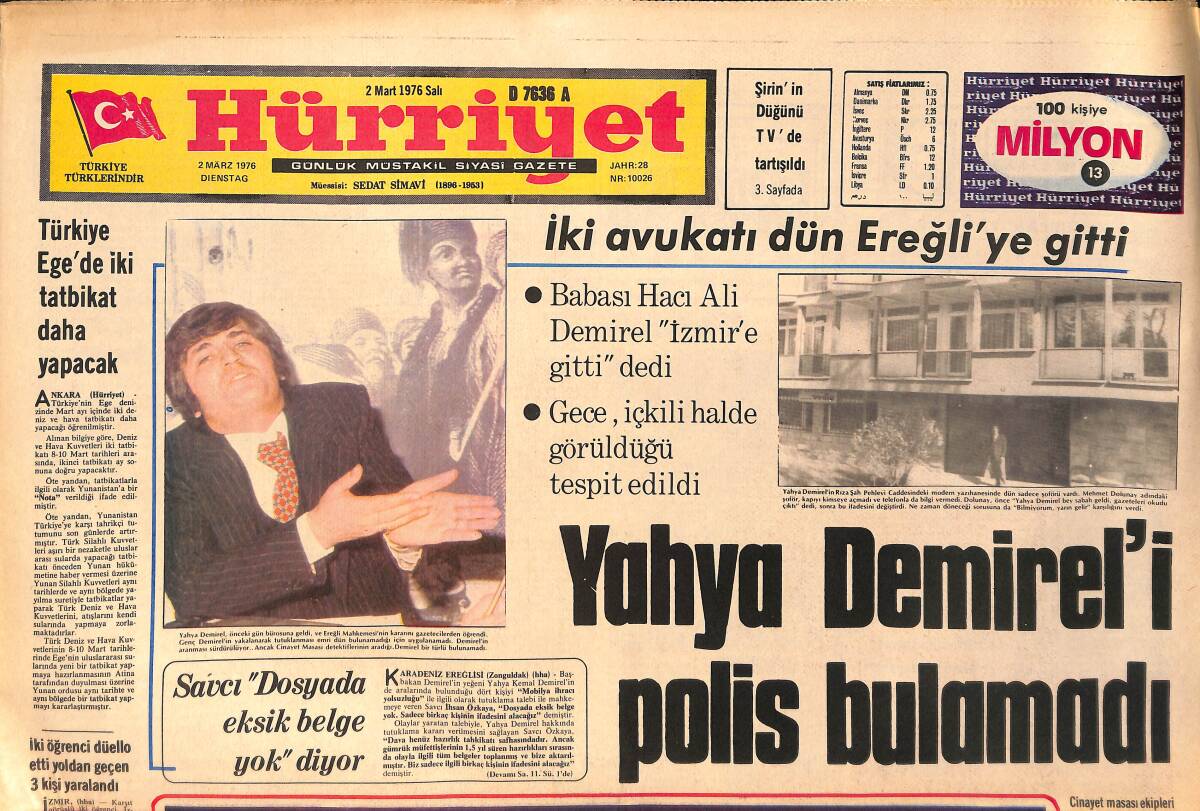 Hürriyet Gazetesi 2 Mart 1976 - Yahya Demirel'i Polis Bulamadı - Yüzbaşı Üstüner Alevlere Dalıp İki Çocuğunu Kurtardı GZ158241 - 1