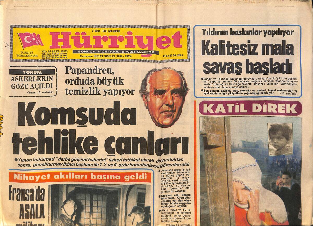 Hürriyet Gazetesi 2 Mart 1983 - Gaziosmanpaşa'da Küçük Mürüvvet Sarkan Tele Dokunarak Öldü - Rektörler YÖK Yasası İçin Toplandı GZ158956 - 1