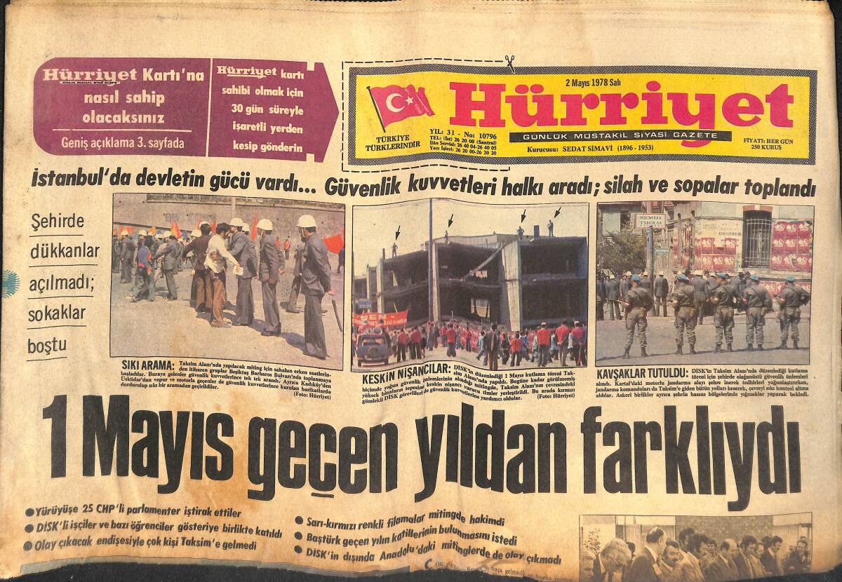 Hürriyet Gazetesi 2 Mayıs 1978 - 1 Mayıs Geçen Yıldan Farklıydı - İstanbul'da Törende Devletin Gücü Var - Trabzon, Fenerin Peşini Bırakmıyor GZ133377 - 1