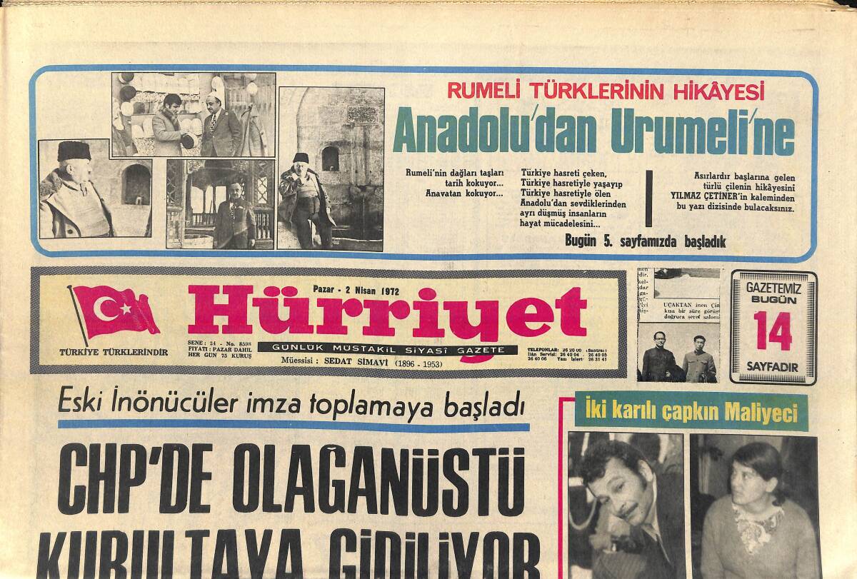 Hürriyet Gazetesi 2 Nisan 1972 - CHP'de Olağanüstü Kurultaya Gidiliyor - Clay, Foster'e 15 Raund Azap Çektirdi GZ156964 - 1
