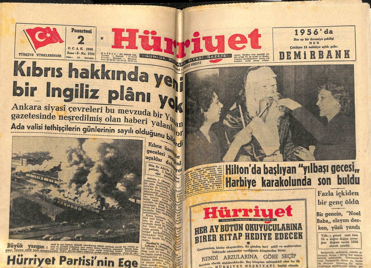 Hürriyet Gazetesi 2 Ocak 1956 - Kıbrıs Hakkında Yeni Bir İngiliz Plânı Yok - Bayar , Erzurum'dan Ankara'ya Dönüyor GZ141695 - 1