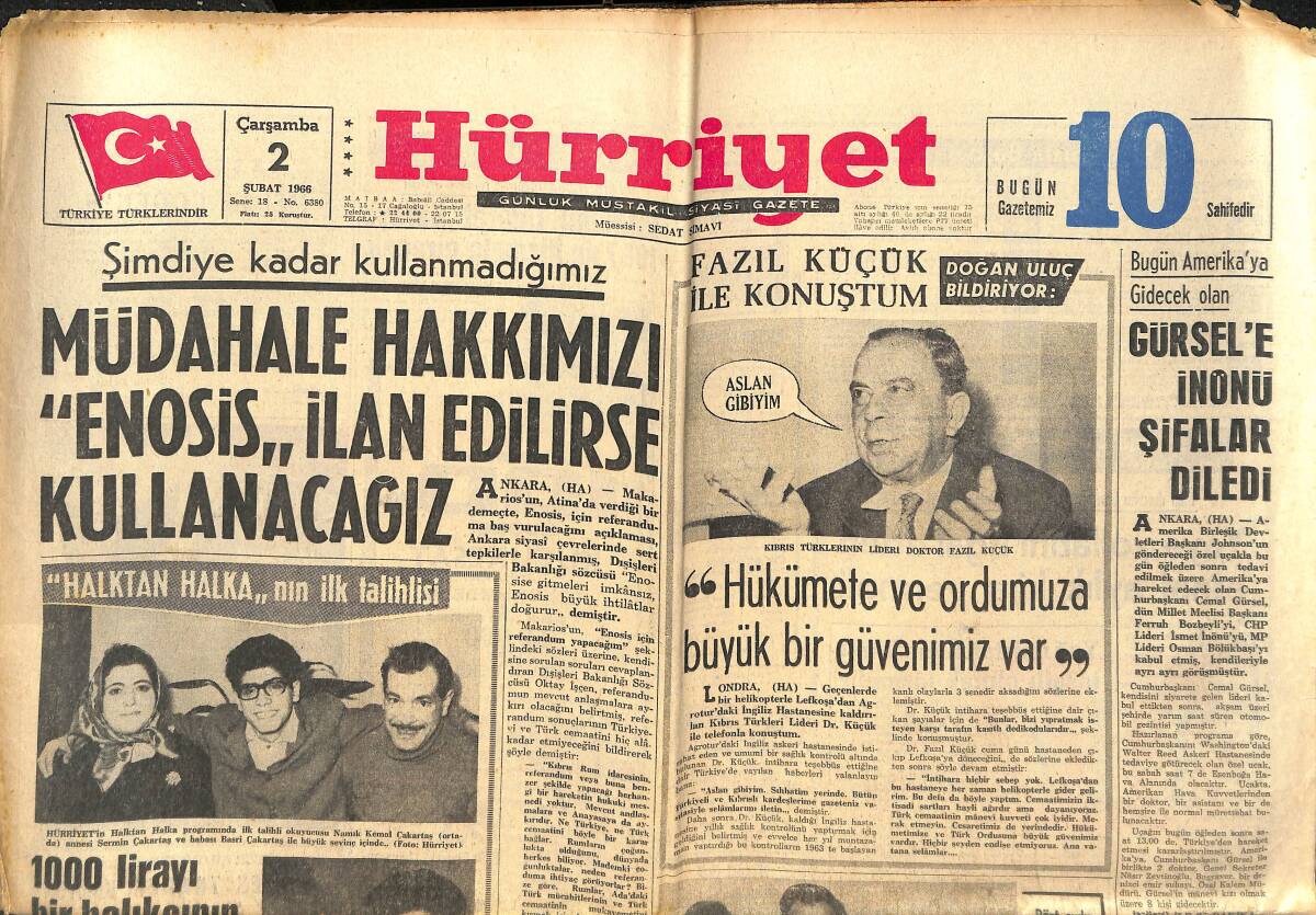 Hürriyet Gazetesi 2 Şubat 1966 - Cemal Gürsel'e İnönü Şifalar Diledi - Aktris Gülsün Kamuintihara Teşebbüs Etti! GZ142227 - 1