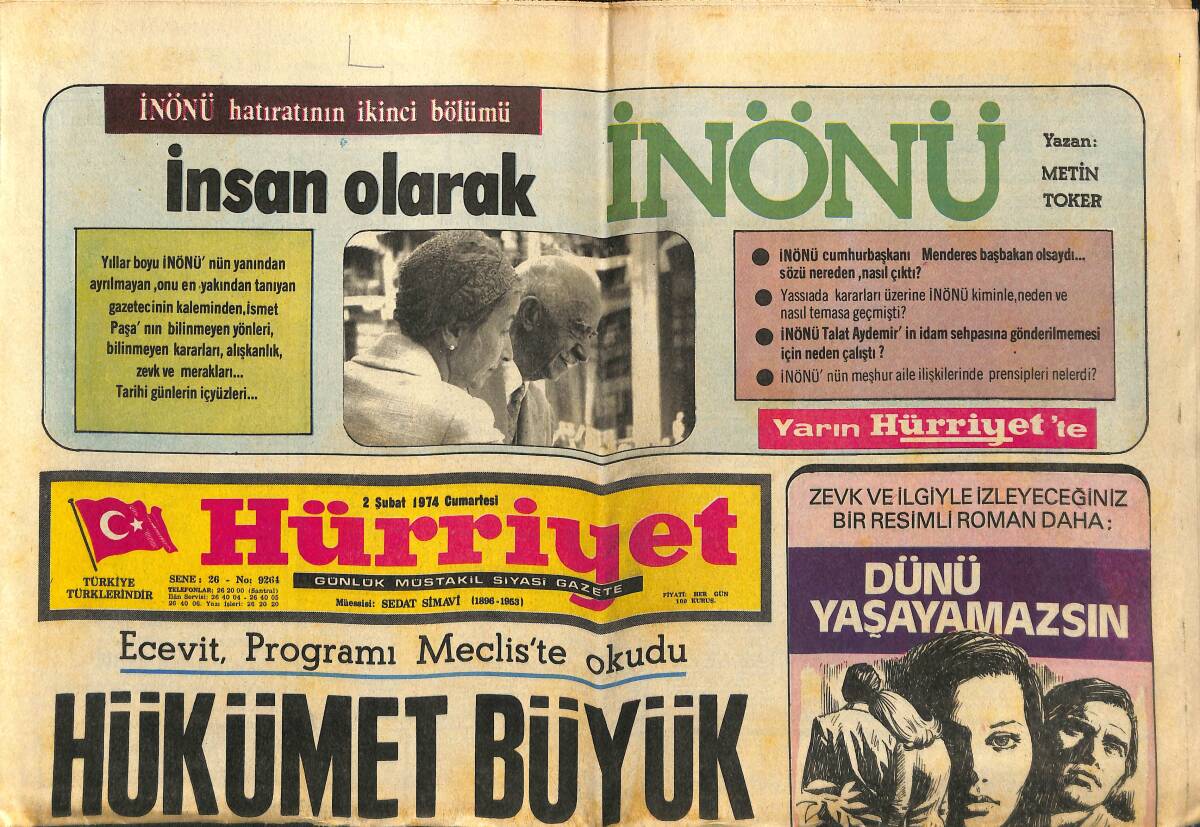 Hürriyet Gazetesi 2 Şubat 1974 - Hükümet Büyük Vaadde Bulundu - G.Saray'da Metin Problemi Tatlıya Bağlandı! GZ140597 - 1