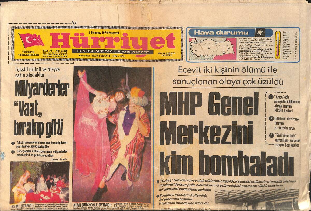 Hürriyet Gazetesi 2 Temmuz 1979 - Bir Türk Akdeniz'de Kayboldu - MHP Genel Merkezini Kim Bombaladı GZ153629 - 1
