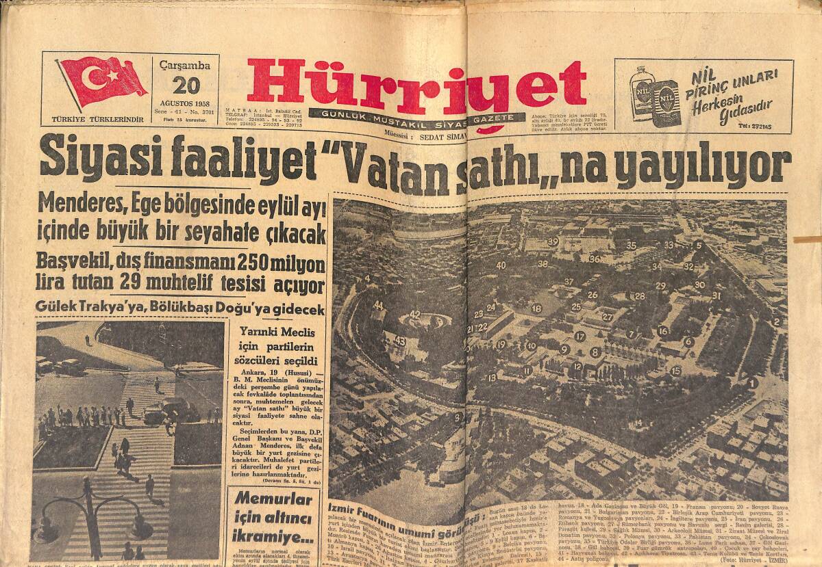 Hürriyet Gazetesi 20 Ağustos 1958 - Menderes Ege'yi Dolaşacak - Aya İlk Kim Varacak? GZ146889 - 1