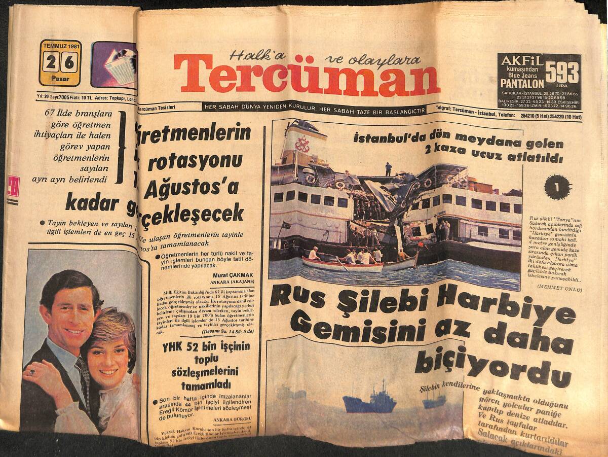 Tercüman Gazetesi 26 Ağustos 1981 - Denizde Büyük Kaza Son Anda Önlendi Rus Gemisi Harbiye Gemisini Az Kalsın Biçiyordu -CHP İl Binasında Yangın Çıktı GZ132334 - 1