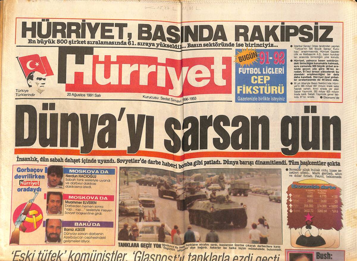 Hürriyet Gazetesi 20 Ağustos 1991 - Dünya'yı Sarsan Gün - Özal, Bush'la Telefonda Görüştü - Ajda Pekkan'dan Büyük Dönüş - Kayahan'ın Maratonu GZ154372 - 1
