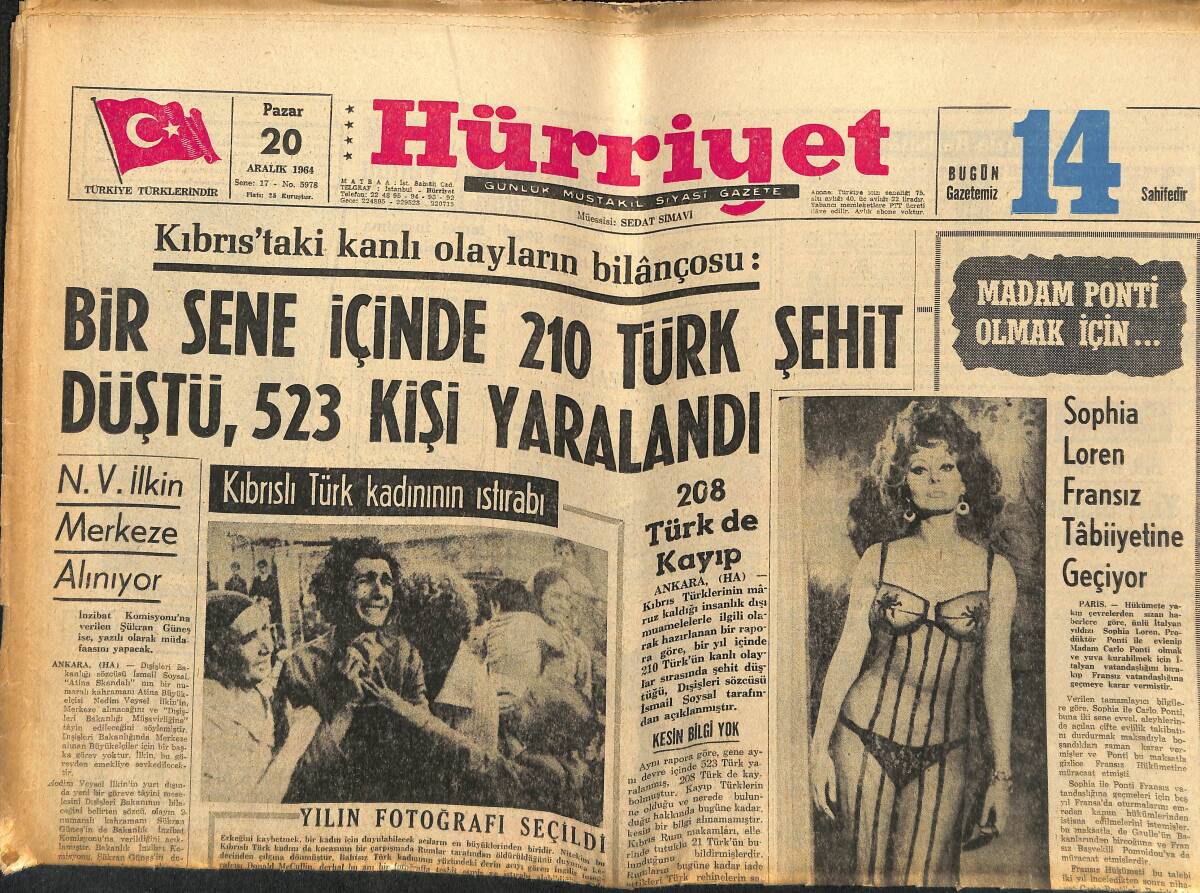 Hürriyet Gazetesi 20 Aralık 1964 - Sophia Loren Fransız Tabiiyetine Geçiyor - Kıbrıslı Türk Kadınının Istırabı Yılın Fotoğrafı Seçildi GZ146946 - 1