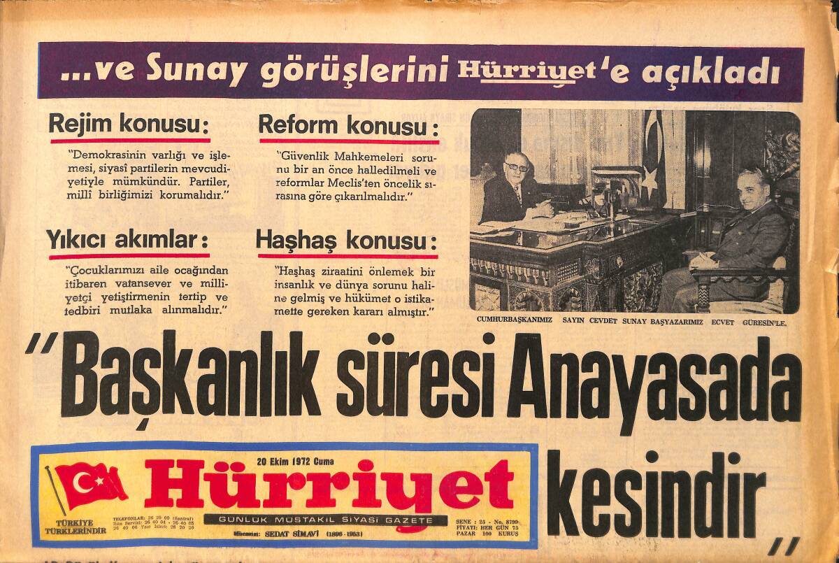 Hürriyet Gazetesi 20 Ekim 1972 - Teşkilatın Tek Adayı Demirel - Karını Dövme Diyen Komşusunu Benzinle Yaktı GZ158165 - 1