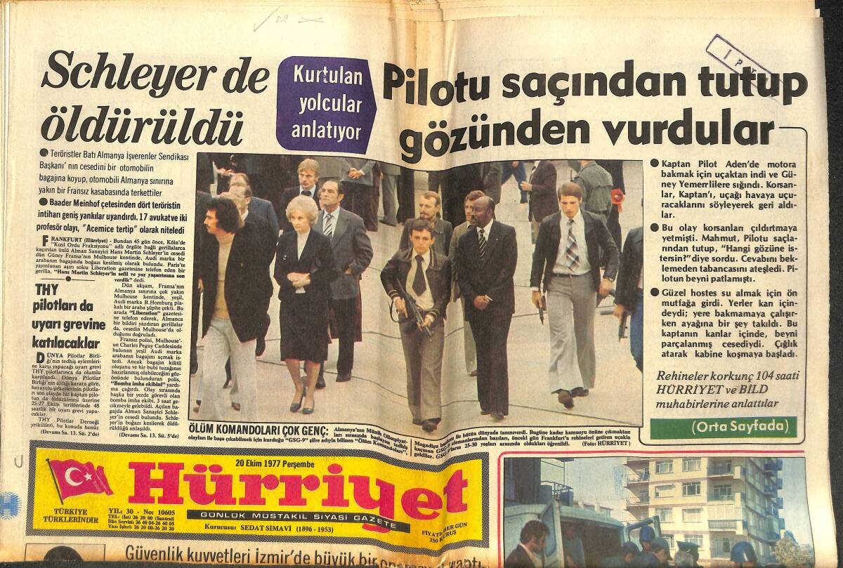 Hürriyet Gazetesi 20 Ekim 1977 - Schleyer De Öldürüldü - Delegeler Felekten Bir Gece Çaldı GZ142240 - 1