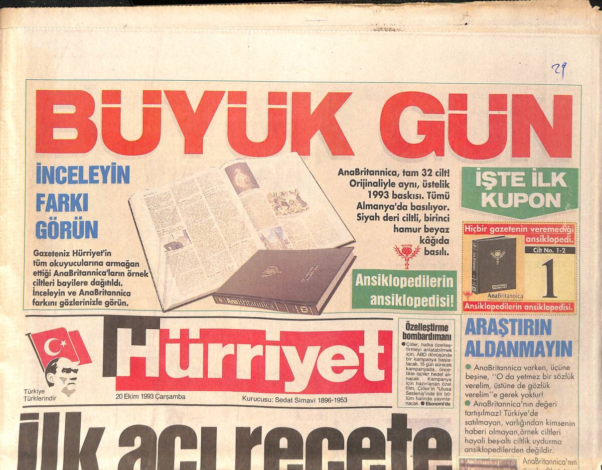 Hürriyet Gazetesi 20 Ekim 1993 - Müjde Ar Ajda'dan Dertli - Papandreu Yine Başladı GZ2938 - 1