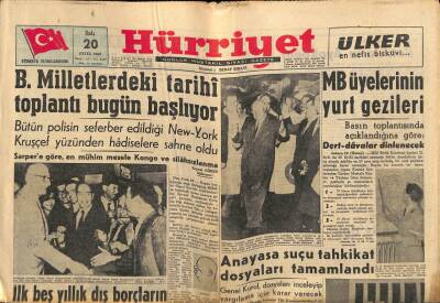 Hürriyet Gazetesi 20 Eylül 1960 - B. Milletlerdeki Tarihi Toplantı Bugün Başlıyor GZ81912 - 1