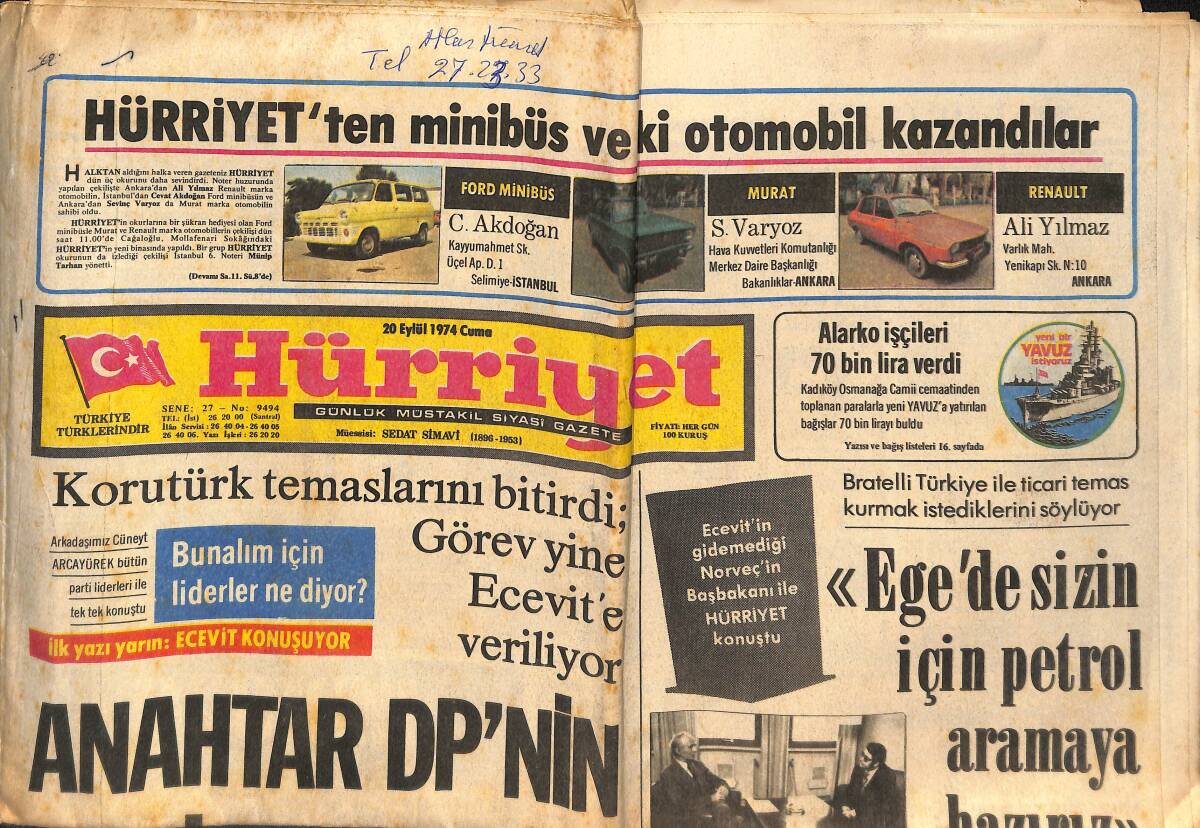 Hürriyet Gazetesi 20 Eylül 1974 - Korutürk Görevi Yine Ecevit'e Veriyor - Fenerbahçe, Avrupa Takımıdır GZ134005 - 1