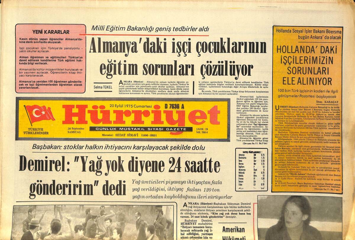Hürriyet Gazetesi 20 Eylül 1975 - Ecevit: Kıbrıs'ın Bölünmesi Yunanlıları Çok Sevindirir - Portekiz Basını Fenerbahçe İle Alay Ediyor GZ157525 - 1