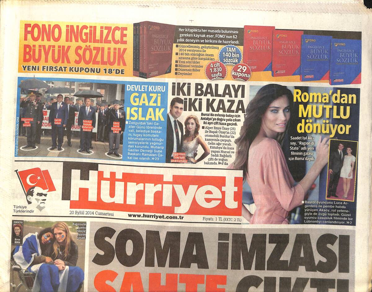Hürriyet Gazetesi 20 Eylül 2014 - Saadet Işıl Aksoy , Roma'dan Mutlu Dönüyor GZ159636 - 1