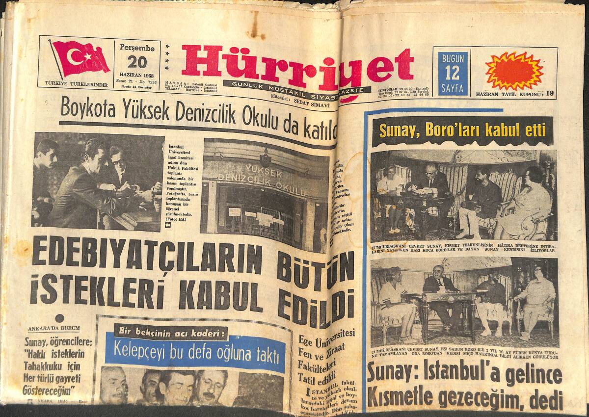 Hürriyet Gazetesi 20 Haziran 1968 - Sunay , Boro'ları Kabul Etti - Edebiyatçıların Bütün İstekleri Kabul Edildi GZ142445 - 1