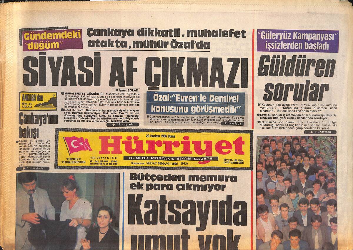 Hürriyet Gazetesi 20 Haziran 1986 - İşçi Emeklisi İçin Formül Arayışı - Bütçeden Memura Ek Para Çıkmıyor GZ133073 - 1